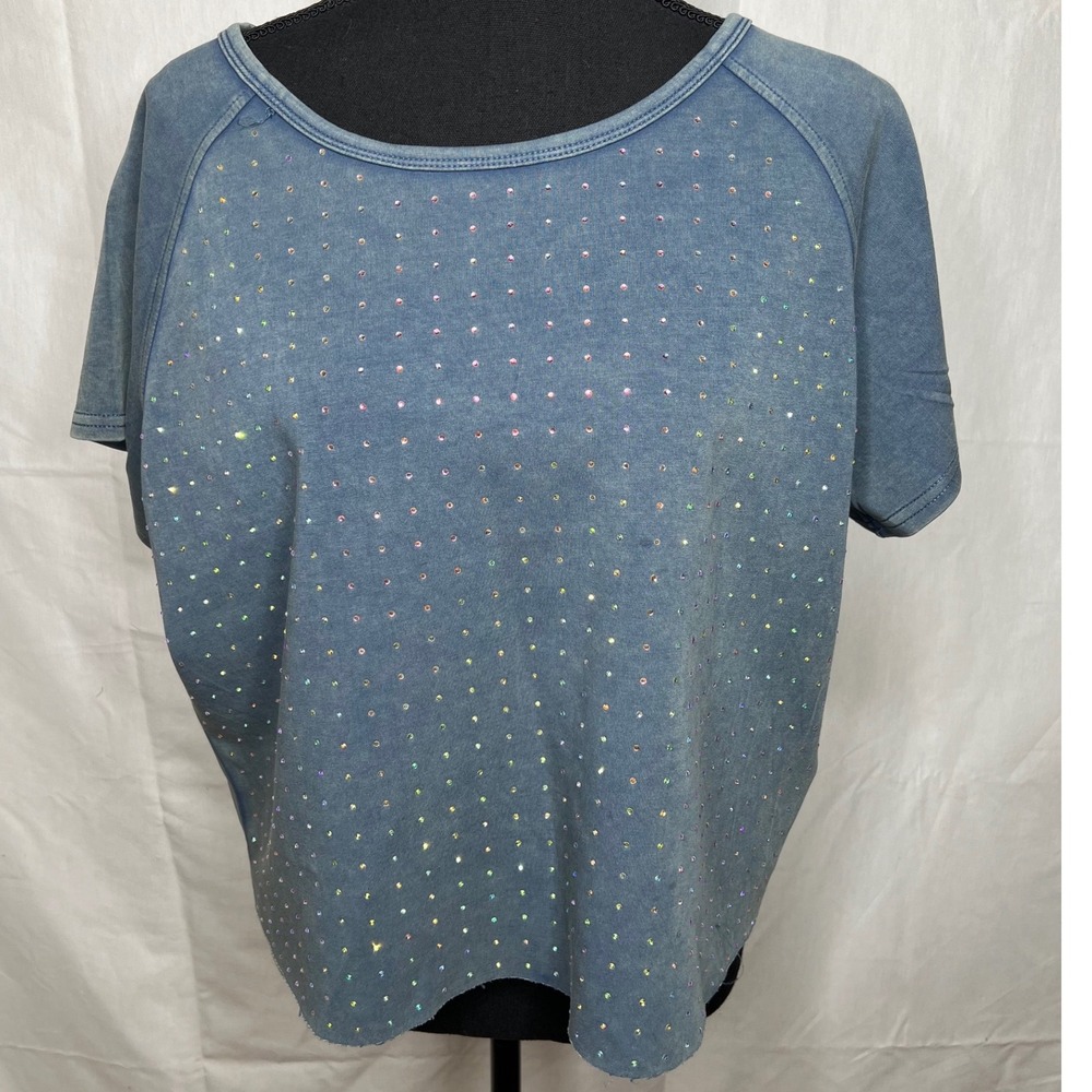 Davi & Dani Blue Mineral‎ Wash Rhinestone Embellished Crop Top Medium